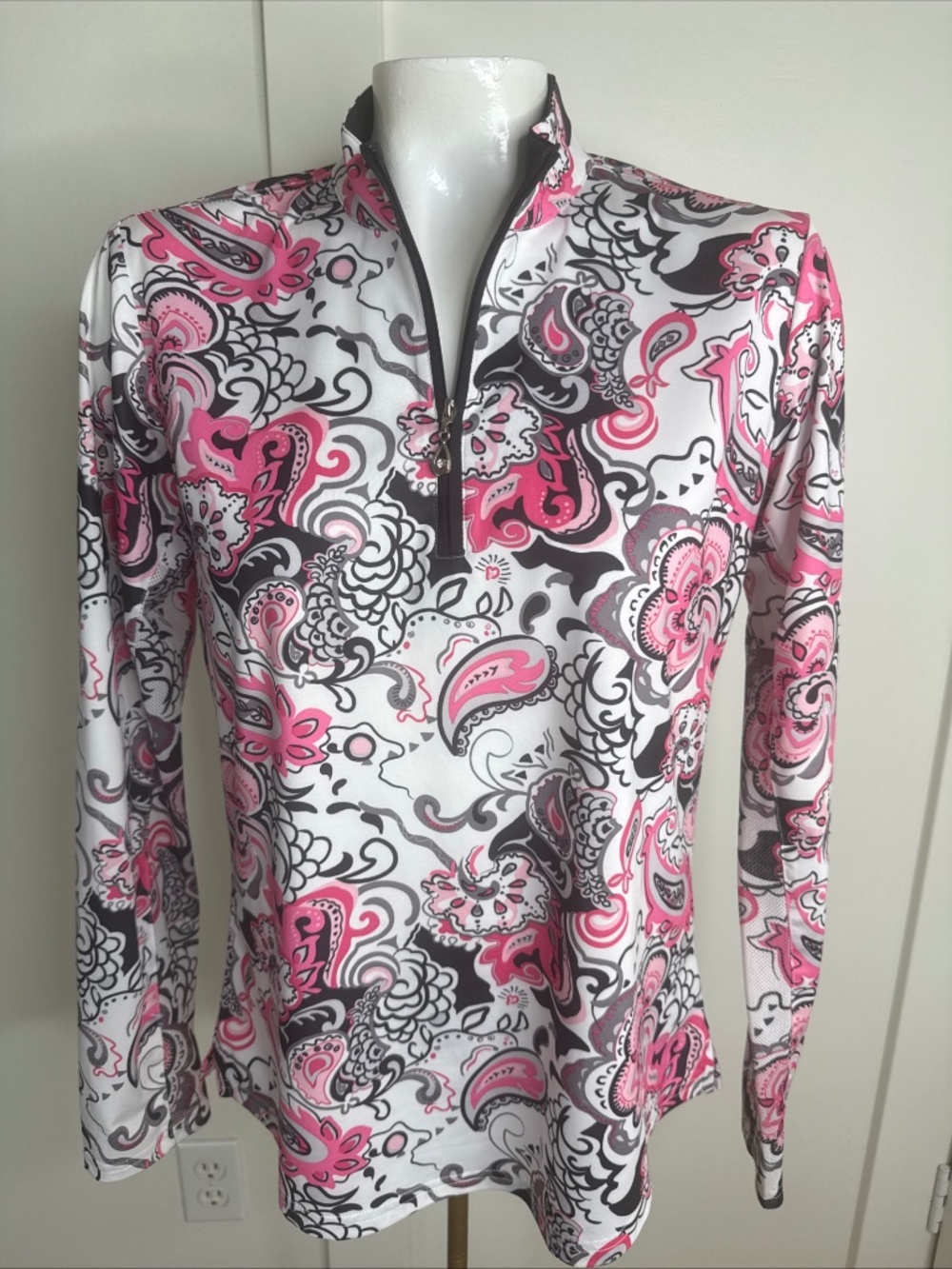 San Soleil Shirt Womens Size M Pink Black Paisley Long Sleeve Golf Top 1/4 Zip